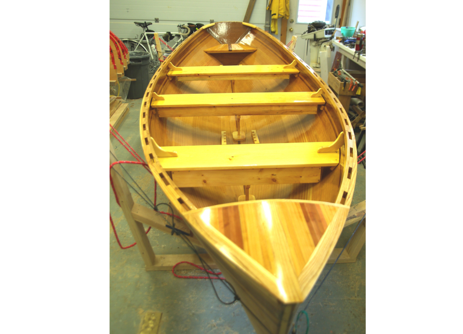 View of entire boat, from bow to stern, completed